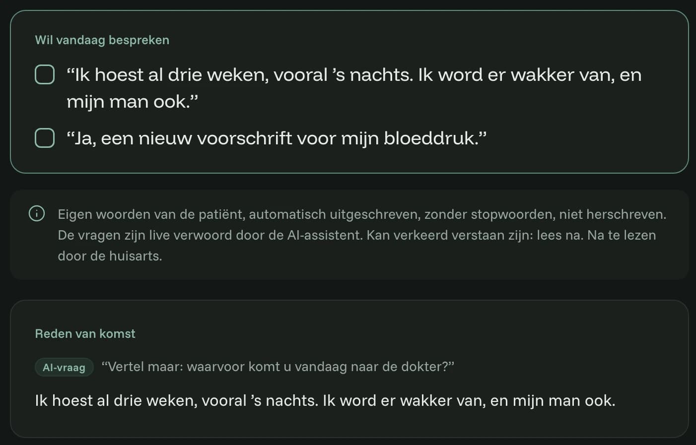 Revelar Intake GP screen with a made-up patient: what she wants to discuss today and her own answer to the first question.